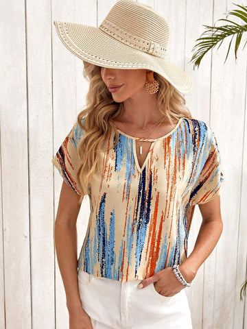 Brush Print Keyhole Neck Batwing Sleeve Blouse