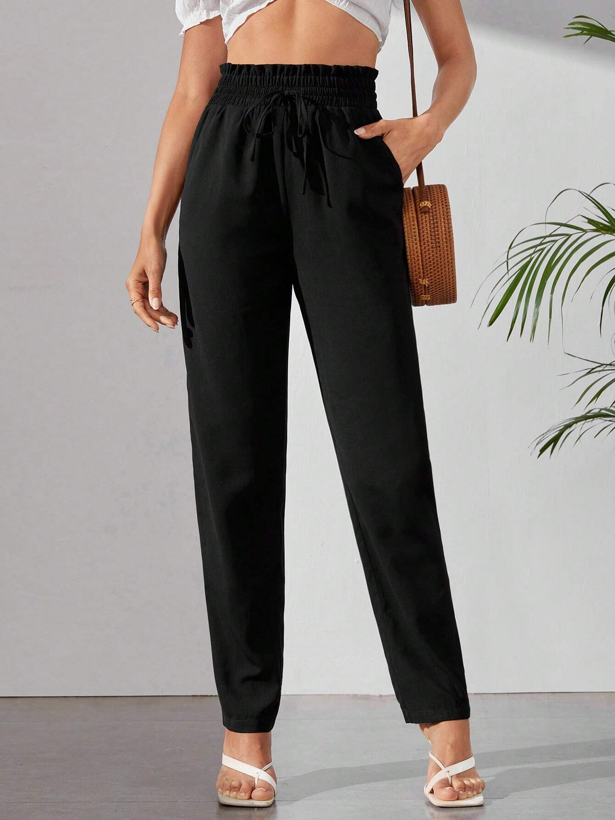 Tall Drawstring Paperbag Waist Slant Pocket Pants