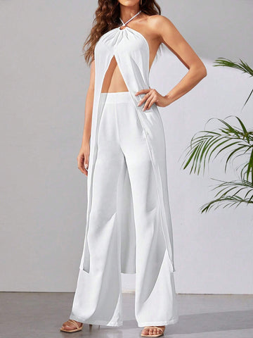 Solid Split Hem Halter Top & Wide Leg Pants