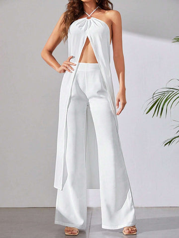 Solid Split Hem Halter Top & Wide Leg Pants