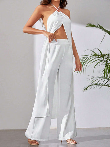 Solid Split Hem Halter Top & Wide Leg Pants