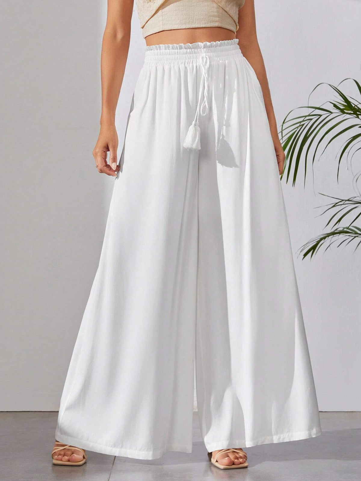 Tall Tie Waist Tassel Detail Wide Leg Pants