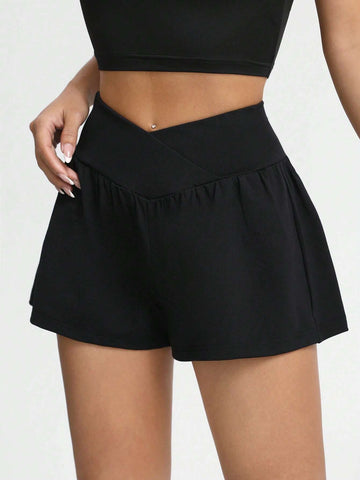 EZwear Solid Overlap Waist Shorts