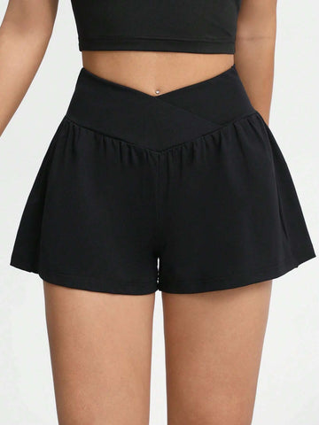 EZwear Solid Overlap Waist Shorts