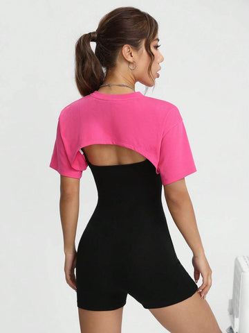 Letter Graphic Unitard Romper & Super Crop Top