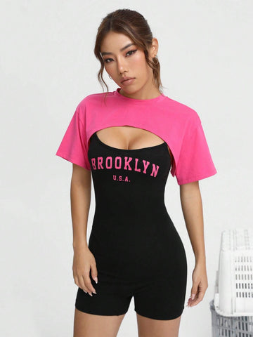 Letter Graphic Unitard Romper & Super Crop Top