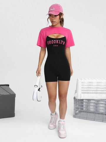 Letter Graphic Unitard Romper & Super Crop Top