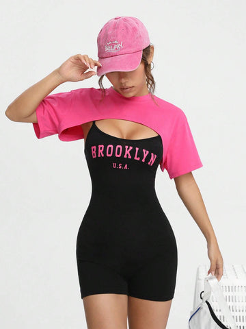 Letter Graphic Unitard Romper & Super Crop Top