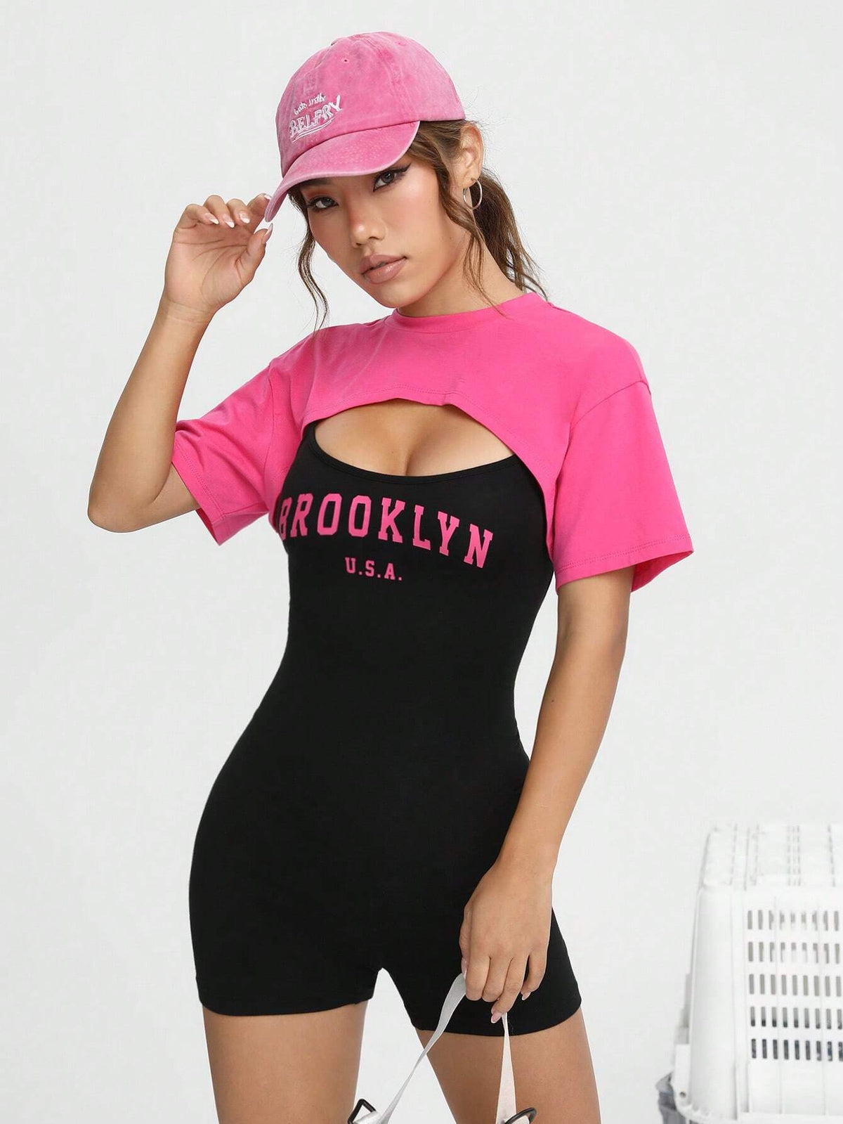Letter Graphic Unitard Romper & Super Crop Top