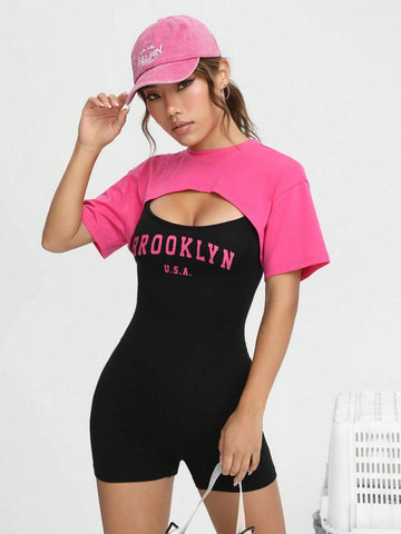 Letter Graphic Unitard Romper & Super Crop Top