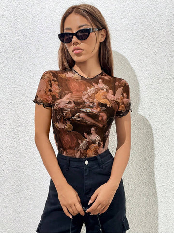Figure Graphic Lettuce Trim Mesh Bodysuit