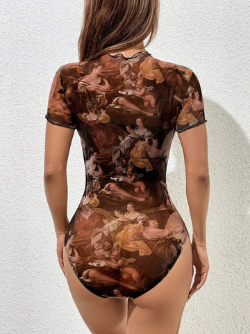 Figure Graphic Lettuce Trim Mesh Bodysuit