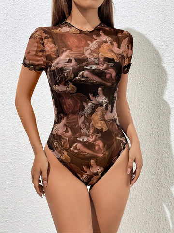 Figure Graphic Lettuce Trim Mesh Bodysuit