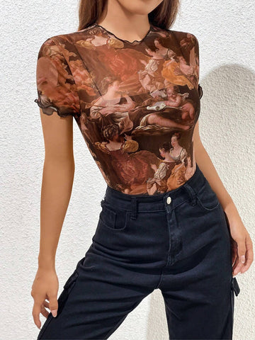 Figure Graphic Lettuce Trim Mesh Bodysuit