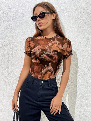Figure Graphic Lettuce Trim Mesh Bodysuit