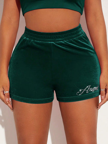 SXY Rhinestone Letter Graphic Velvet Shorts
