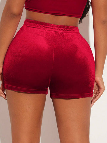 SXY Rhinestone Letter Graphic Velvet Shorts