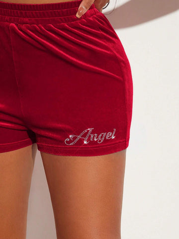SXY Rhinestone Letter Graphic Velvet Shorts