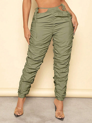 SXY Cut Out Waist Knot Side Ruched Pants