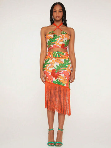Tropical Print Crisscross Tie Backless Crop Halter Top & Fringe Hem Skirt