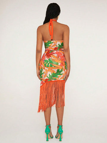 Tropical Print Crisscross Tie Backless Crop Halter Top & Fringe Hem Skirt