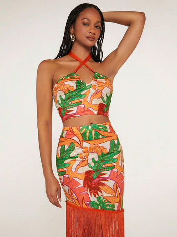 Tropical Print Crisscross Tie Backless Crop Halter Top & Fringe Hem Skirt