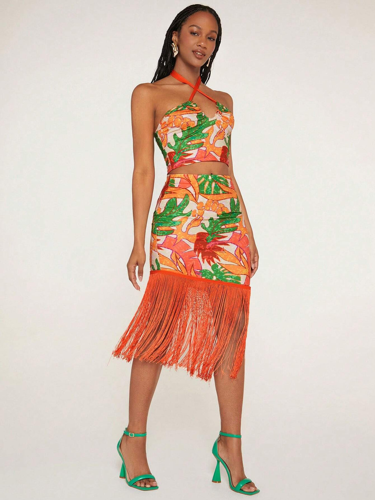 Tropical Print Crisscross Tie Backless Crop Halter Top & Fringe Hem Skirt