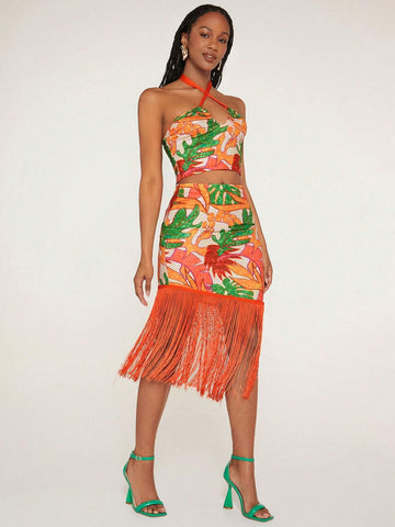 Tropical Print Crisscross Tie Backless Crop Halter Top & Fringe Hem Skirt