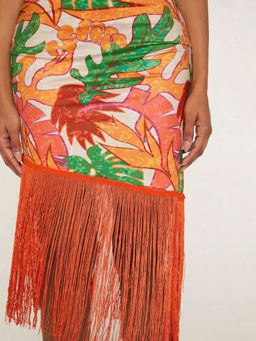 Tropical Print Crisscross Tie Backless Crop Halter Top & Fringe Hem Skirt
