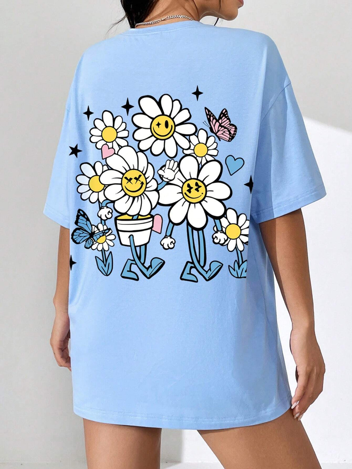 Floral & Butterfly Print Drop Shoulder Tee