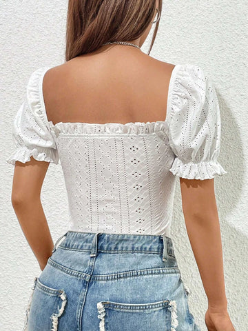 Eyelet Embroidery Frill Trim Puff Sleeve Bodysuit