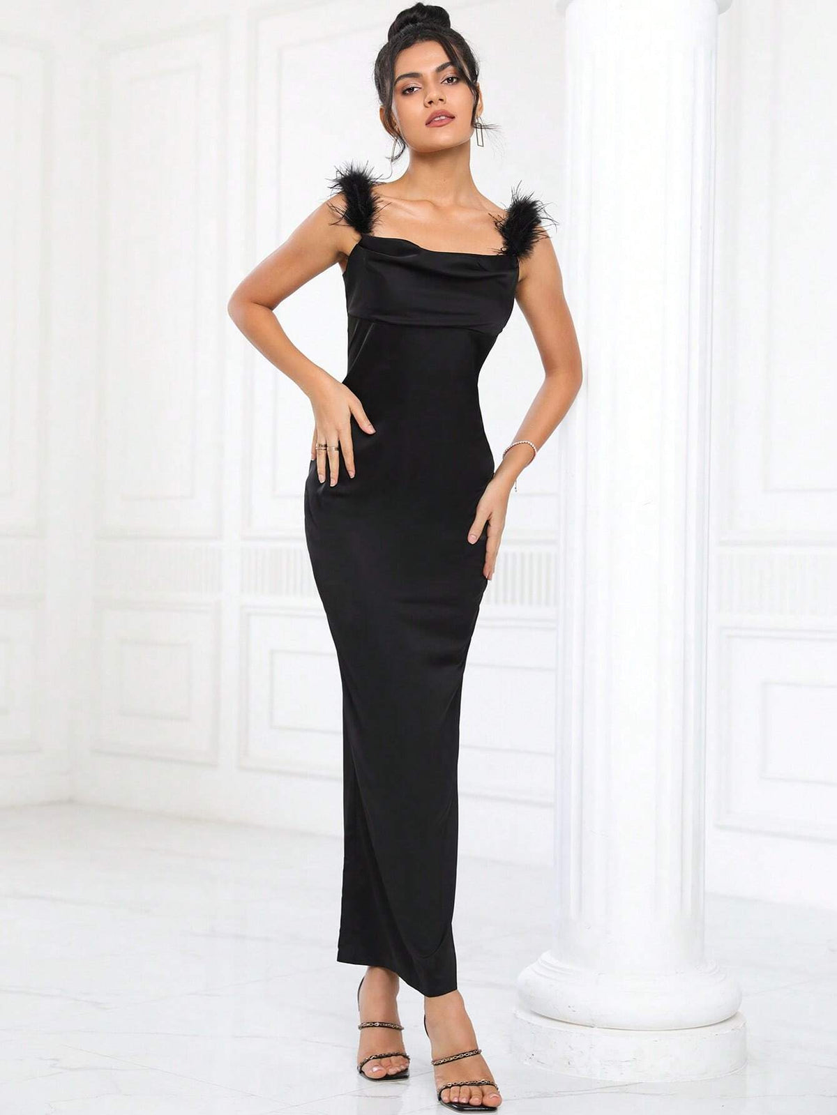 Fuzzy Trim Satin Cami Bridesmaid Dress