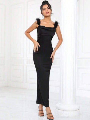 Fuzzy Trim Satin Cami Bridesmaid Dress