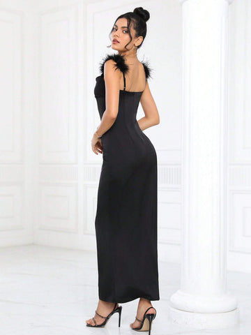 Fuzzy Trim Satin Cami Bridesmaid Dress