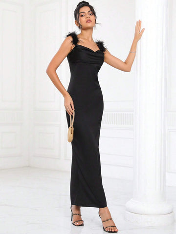 Fuzzy Trim Satin Cami Bridesmaid Dress