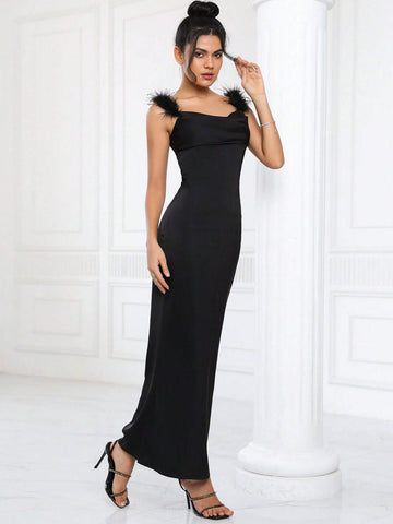 Fuzzy Trim Satin Cami Bridesmaid Dress