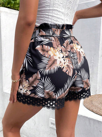 Frenchy Tropical Print Guipure Lace Trim Paperbag Waist Belted Shorts