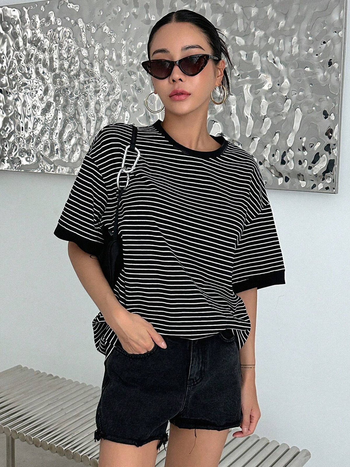 DAZY Striped Print Drop Shoulder Tee