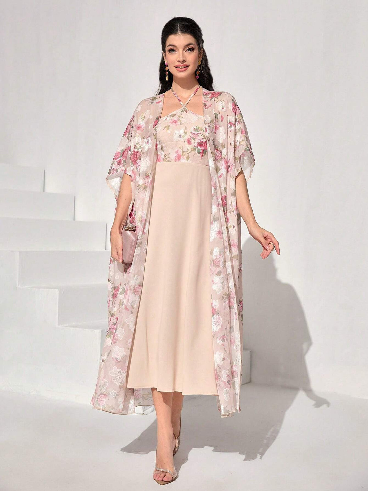 Floral Print Halter Dress & Open Front Coat