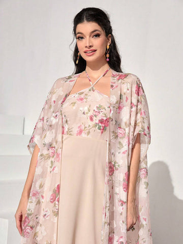 Floral Print Halter Dress & Open Front Coat