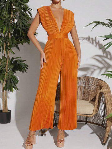 Plunging Neck Pleated Wide Leg Satin Jumpsuit