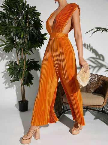 Plunging Neck Pleated Wide Leg Satin Jumpsuit