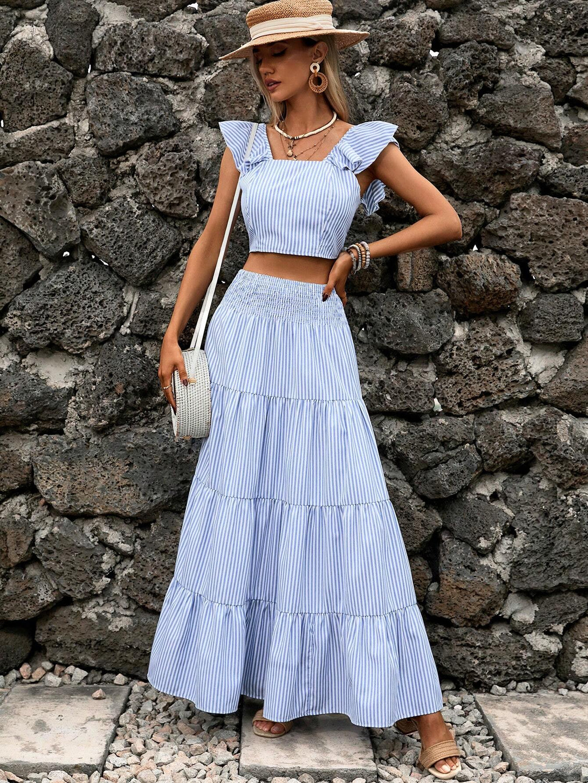 Striped Print Ruffle Trim Crop Top & Ruffle Hem Skirt