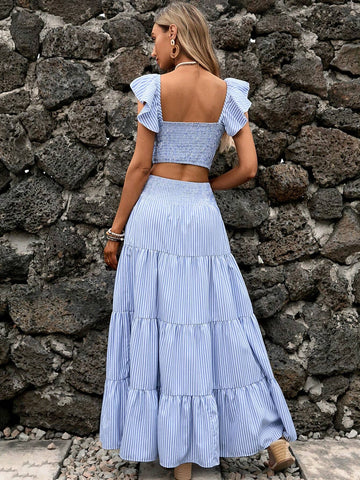 Striped Print Ruffle Trim Crop Top & Ruffle Hem Skirt