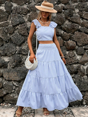 Striped Print Ruffle Trim Crop Top & Ruffle Hem Skirt