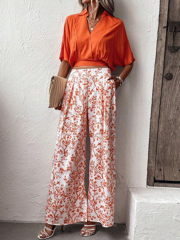 EMERY ROSE Solid Batwing Sleeve Blouse & Floral Print Wide Leg Pants