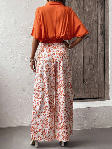 EMERY ROSE Solid Batwing Sleeve Blouse & Floral Print Wide Leg Pants