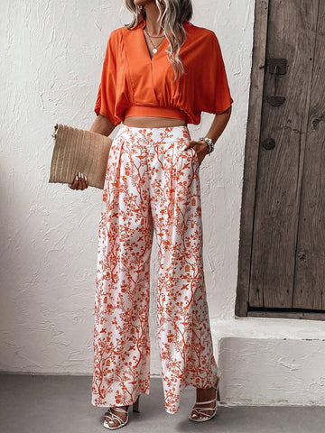 EMERY ROSE Solid Batwing Sleeve Blouse & Floral Print Wide Leg Pants