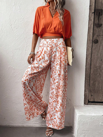 EMERY ROSE Solid Batwing Sleeve Blouse & Floral Print Wide Leg Pants