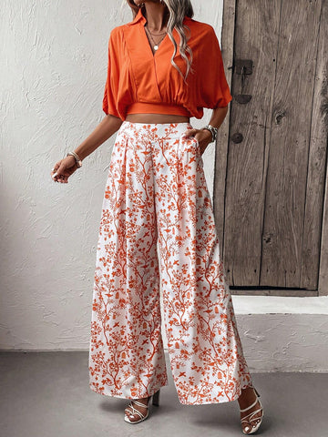 EMERY ROSE Solid Batwing Sleeve Blouse & Floral Print Wide Leg Pants
